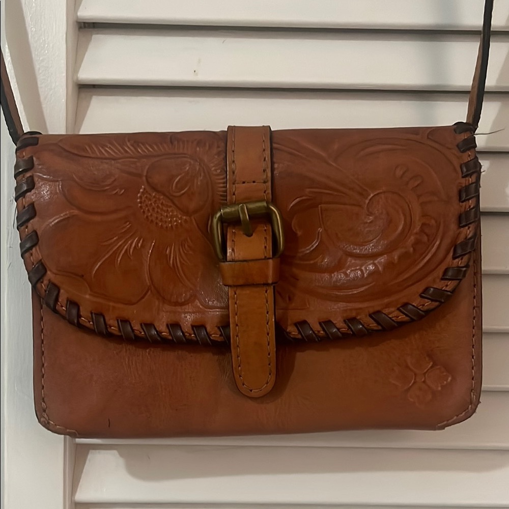Patricia Nash Brown Crossbody Bag with Floral Tooling